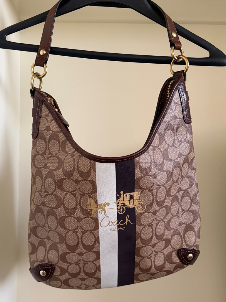 Coach Brown Signature Stripe Shoulder Bag With Cream & Dark Brown Accents